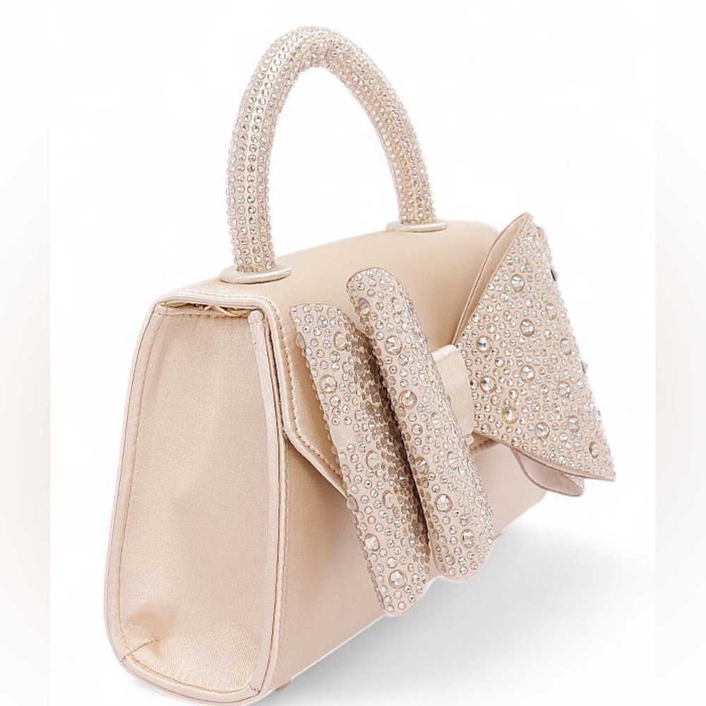 Vegan Leather Rhinestone Bow Top Handle Bag - Gold, Black, and Silver - Picture 5 of 8